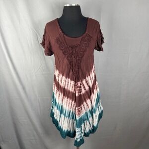 Venice Blue Tunic Dress Womens Free Size Multicolor Tie Dye Embroidered Lace Up